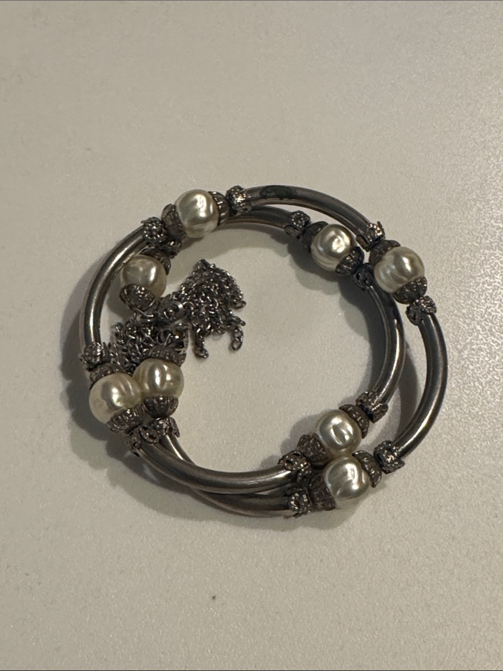 Vintage Elegant Silver and Pearl Accent Gunmetal Bracelet